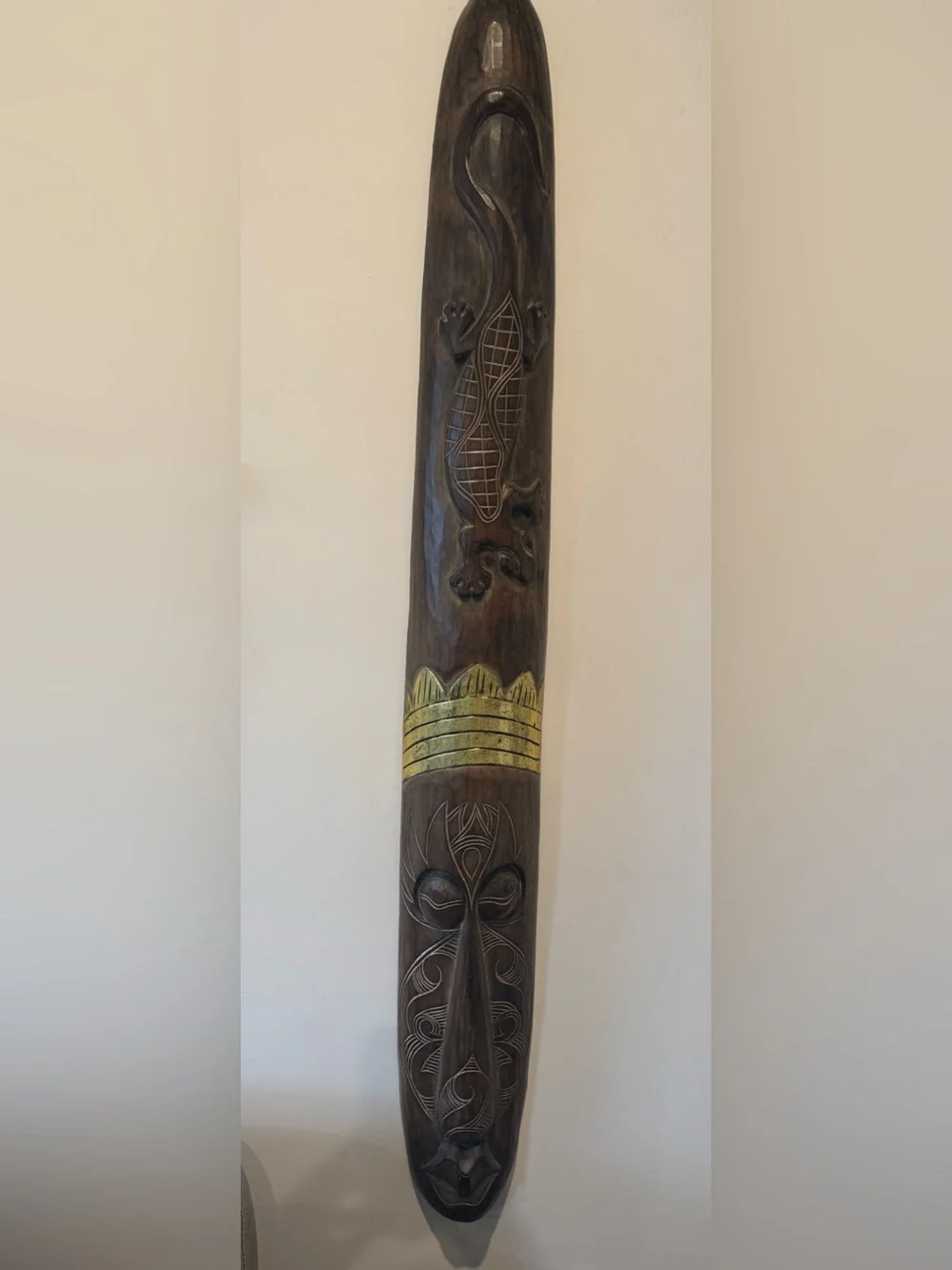 Hand-Carved Tribal Wooden Wall Mask - Dark Brown with Gold Accent